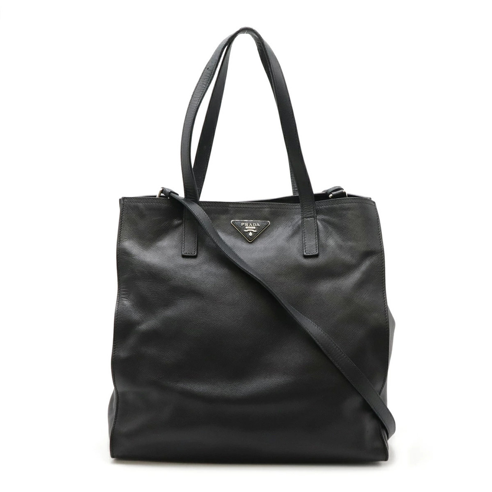 Prada Triangle Tote Tessuto Saffiano Bag Crossbody Leather NERO Black